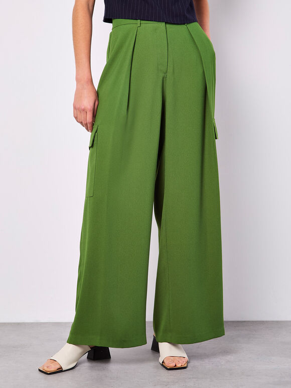 Wide Leg Fluid Cargo Trousers, Green, large