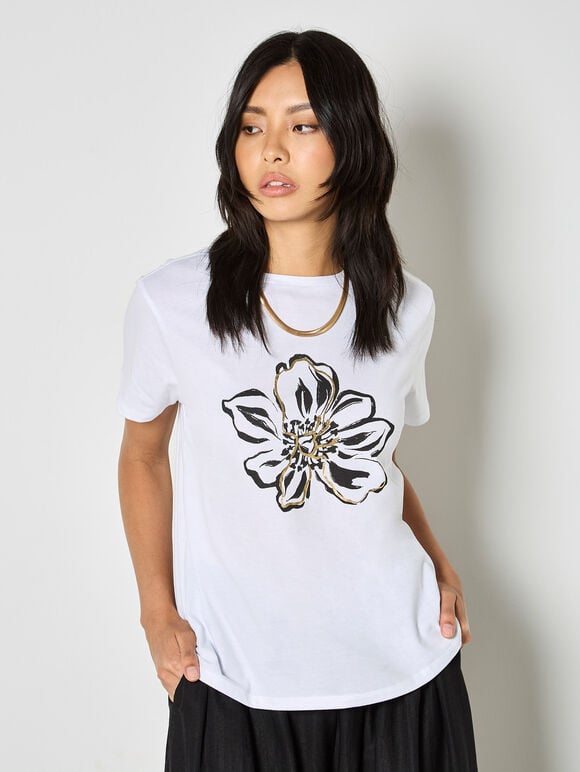Gold Foil Flower Graphic T-Shirt, White, large