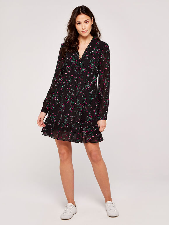 Watercolour Thistle Ruffle Dress, Black, large