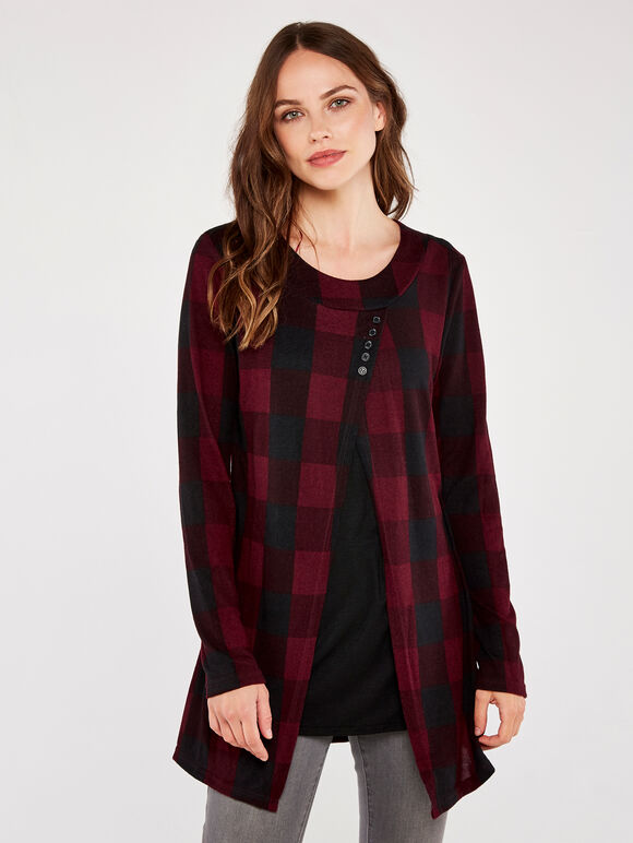Gingham 5 Button Jersey Layer Top, Burgundy, large