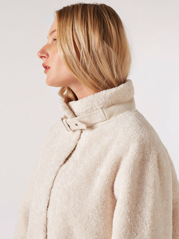 Tight Knit Borg Oversized Coat, Cream, large