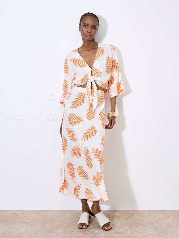 Tropical Leaf Bias Maxi Skirt, Cream, large