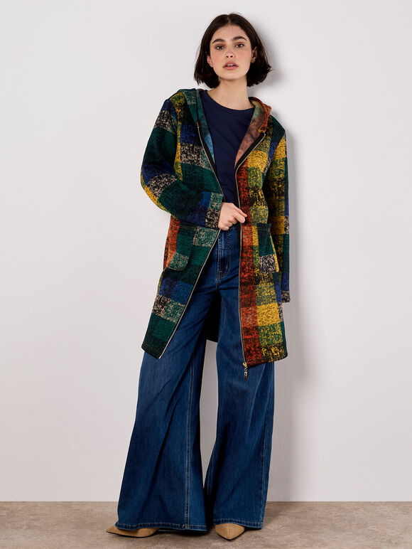Colourful Check Hooded Coatigan, Orange, large