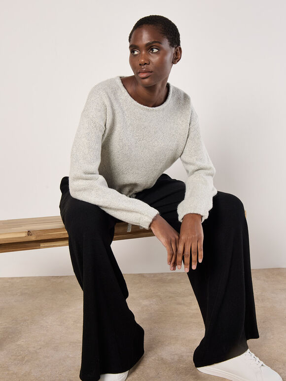 Cropped Boucle Knit Drawstring Jumper, Grey, large