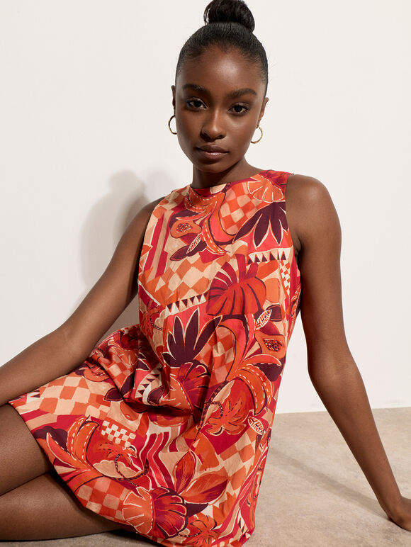 Abstract Print Bubble Hem Mini Dress, Red, large