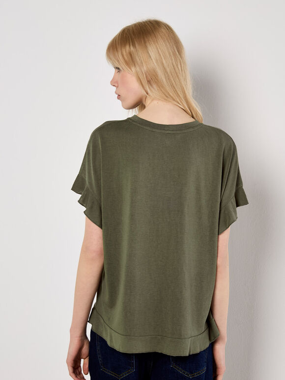 Ruffle Sleeve T-Shirt, Khaki, large