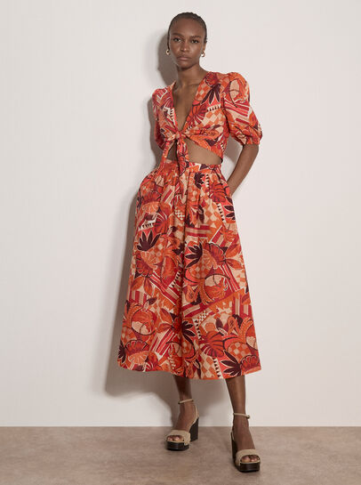 Tropical Leaf Patchwork Tie Front Top