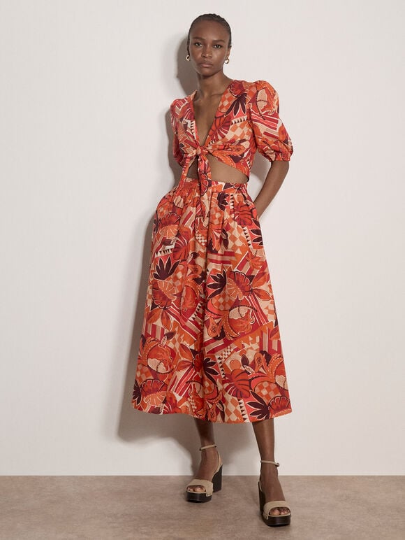 Tropical Leaf Patchwork Tie Front Top, Red, large