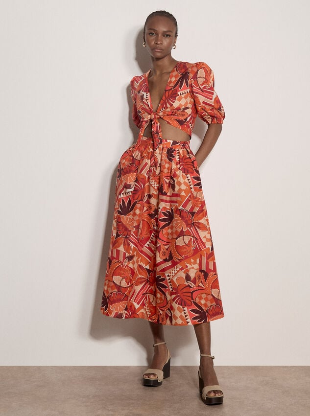 Tropical Leaf Patchwork Tie Front Top, Red, large