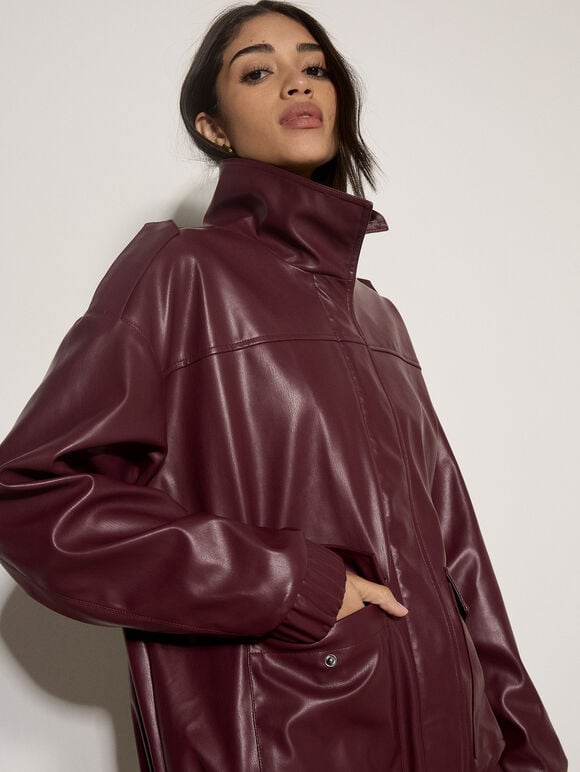 Oversized Faux Leather Jacket, Plum, large