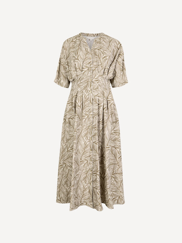 Leaf Print Shirt Midi Dress, Stone, large