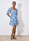 Smocked Cotton Floral Mini Dress, White, large