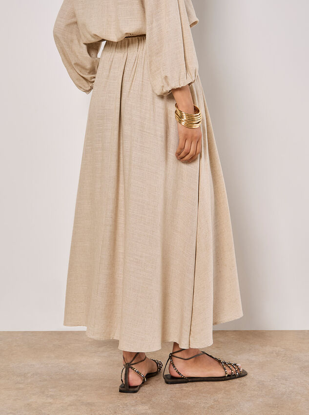Linen Pleated Midi Skirt, Stone, large