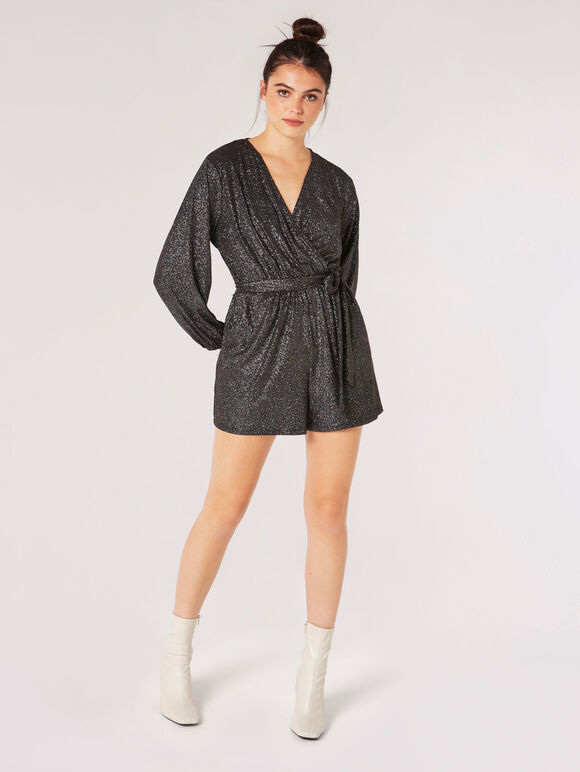 Wickel-Playsuit mit Metallic-Schimmer, Silber, Größe L