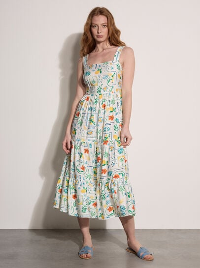 Postcard Print Tiered Midi Dress