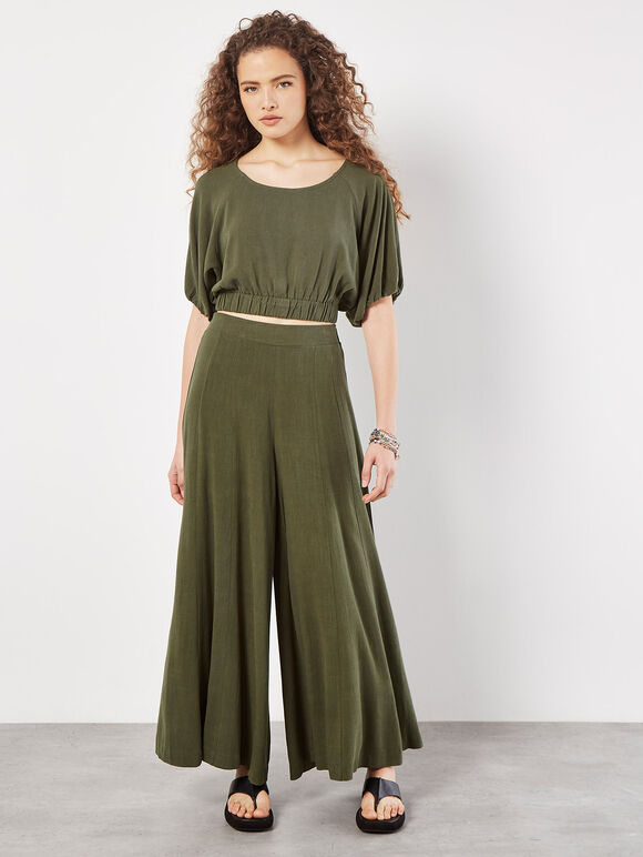 Linen Blend Palazzo Trousers, Khaki, large