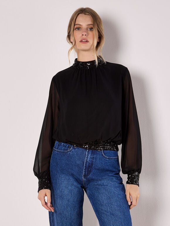 Sequin Trim Chiffon Top, Black, large