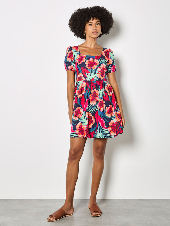 Tropical Floral Mini Dress, Fuchsia, large