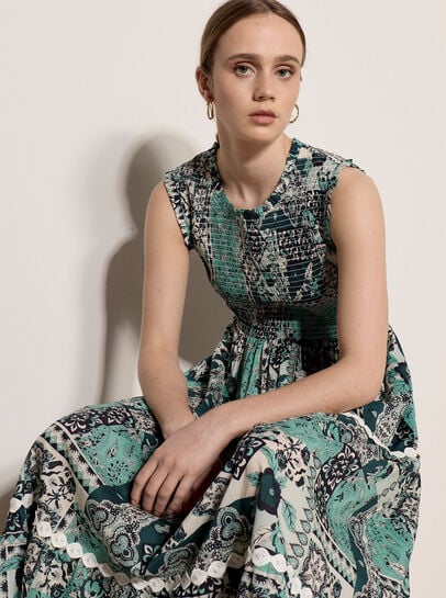Patchwork Scarf Smocked Cotton Maxi Dress