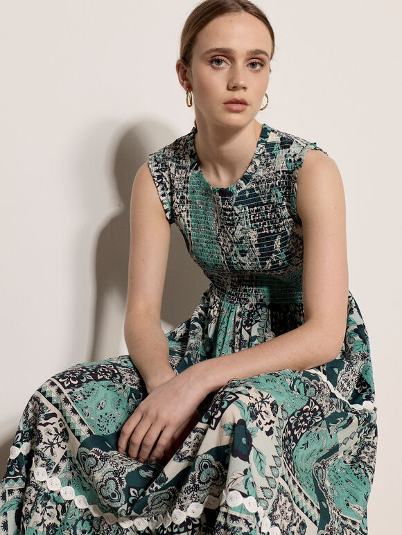 Patchwork Scarf Smocked Cotton Maxi Dress, Teal, large