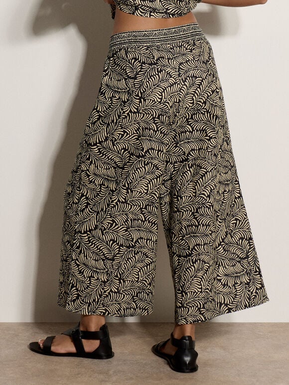 Leaf Print Cotton Culotte Trousers, Black, large