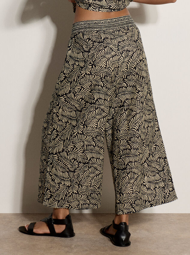 Leaf Print Cotton Culotte Trousers, Black, large