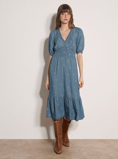 Floral Embroidered Denim Midi Dress