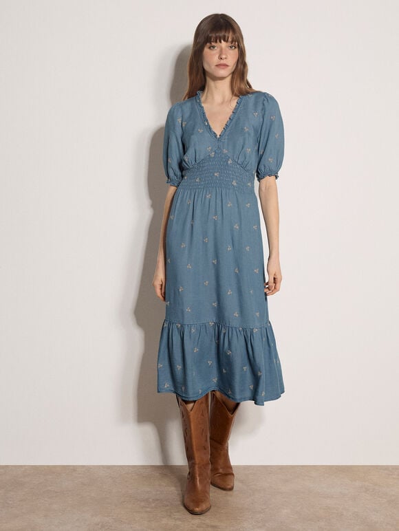 Floral Embroidered Denim Midi Dress, Blue, large