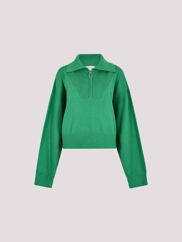 Cropped Zip Neck Sweatshirt, Green, large