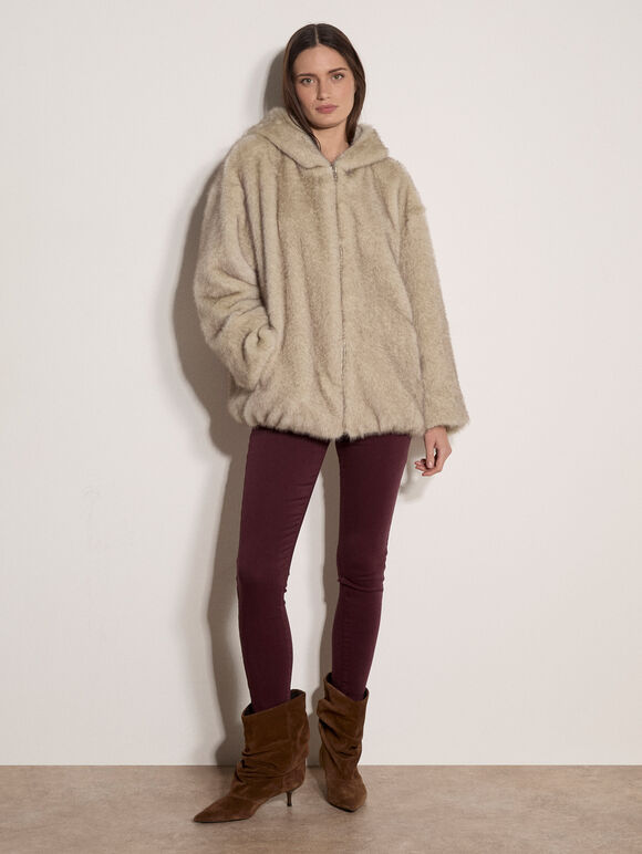 Soft Faux Fur Hooded Jacket, Grey, large