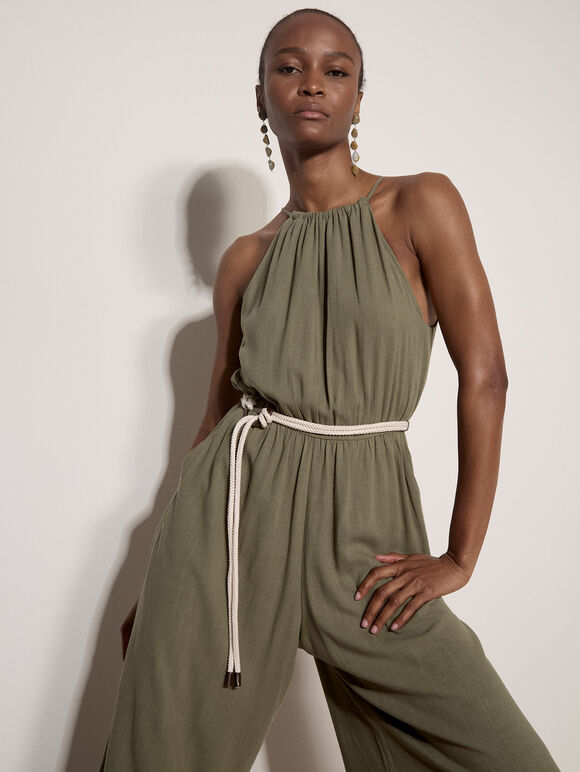 Cotton Blend Wide-Leg Jumpsuit, Khaki, large
