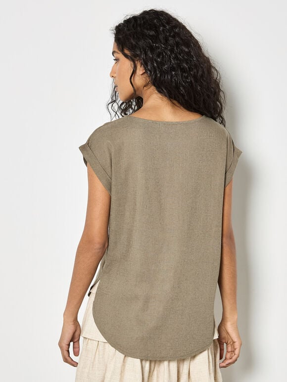 Crochet Pocket Linen Blend T-Shirt, Khaki, large