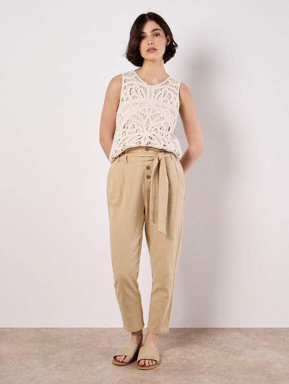 Straight Leg Paperbag Trousers, Stone, large