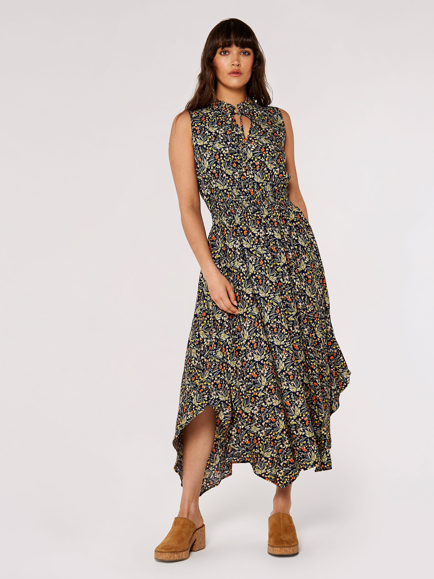 Floral Hanky Hem Midi Dress Apricot Clothing