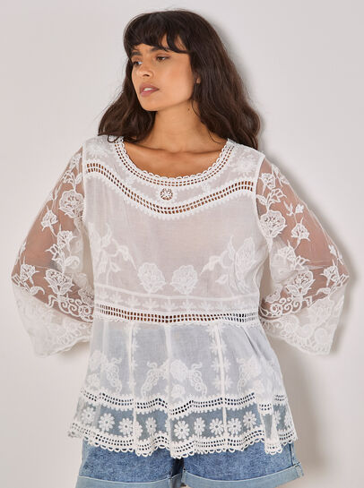Embroidered Mesh Oversized Top
