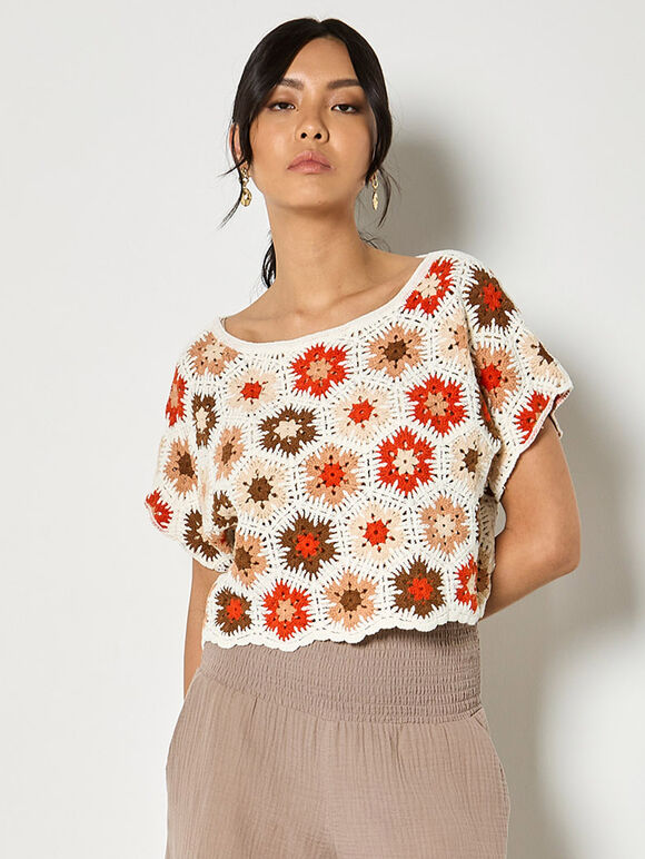 Hexagon Flowers Crochet Top, Orange, large