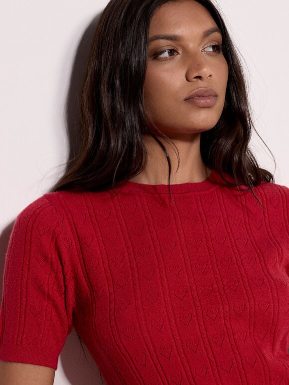 Pointelle Hearts Knitted T-Shirt, Red, large