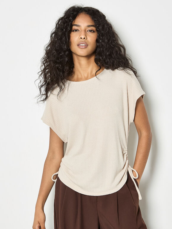 Waffle Knit Ruched T-Shirt, Stone, large