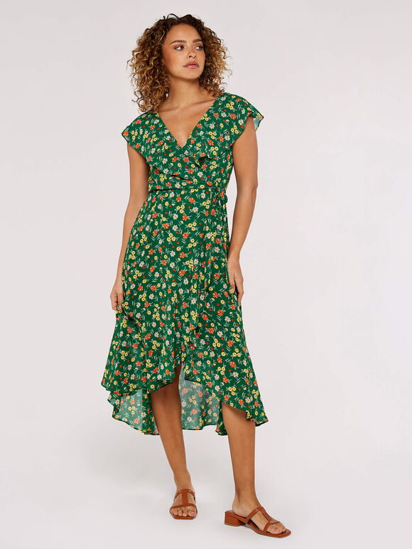 Floral Ruffle Midi Dress, Green, large