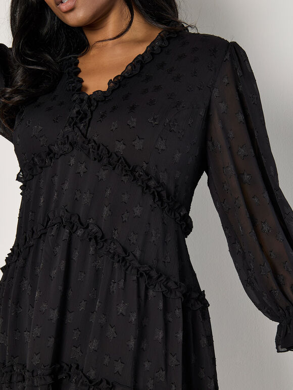 Curve Jacquard Star Chiffon Mini Dress, Black, large