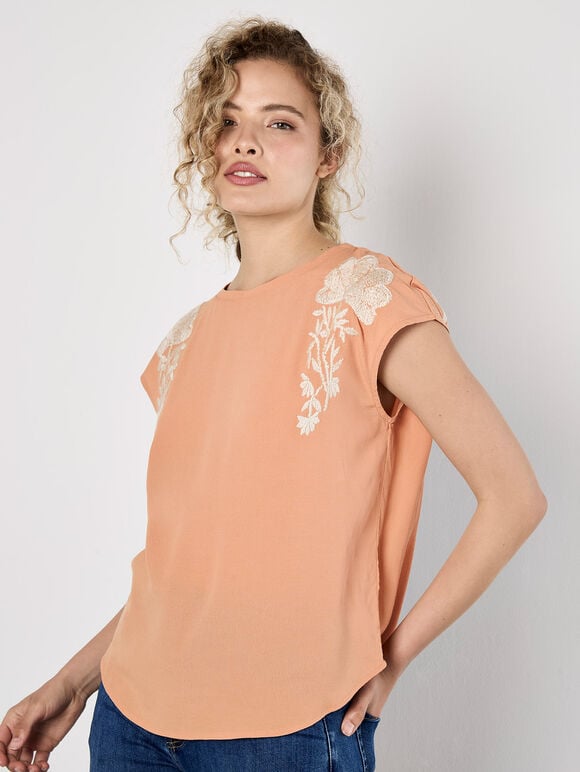 Floral Embroidered Crepe Top, Peach, large