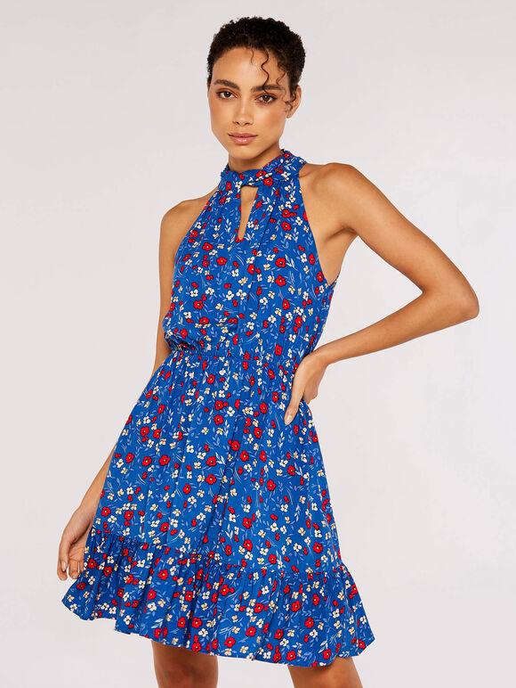 Ditsy Halter Mini Dress, Blue, large