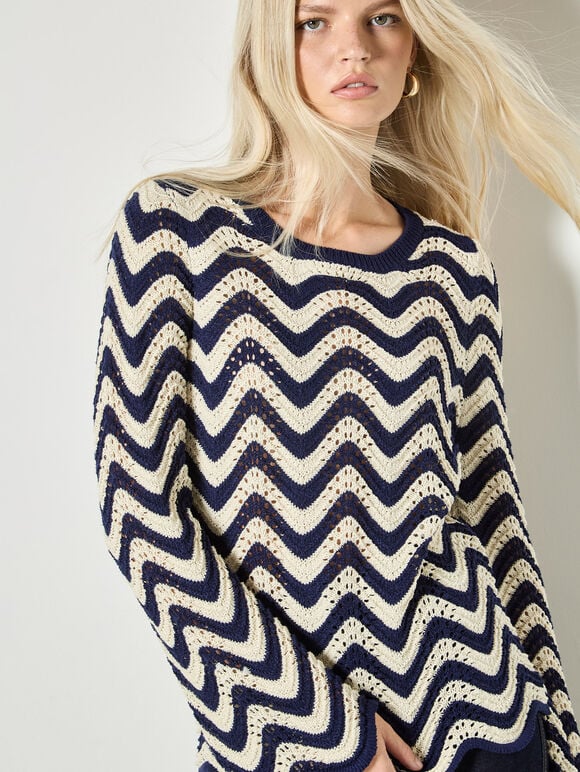 Stripe Waves Pointelle Knit Jumper, Navy, large
