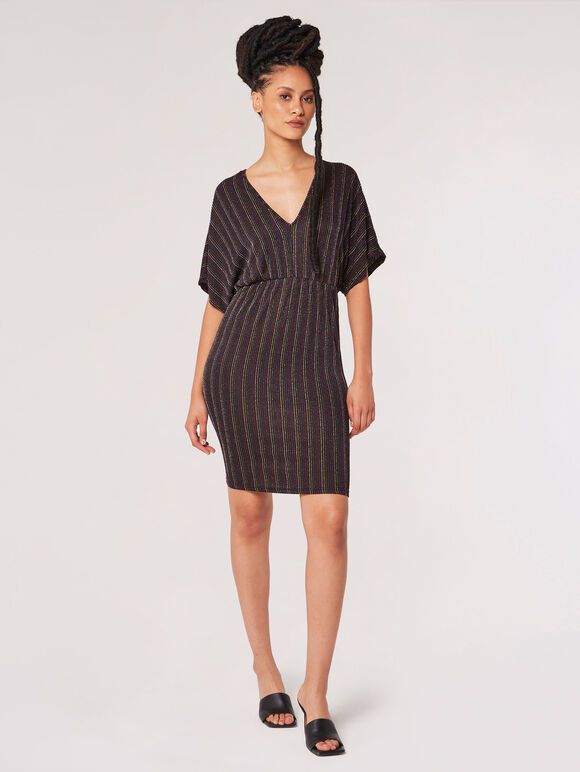 Sparkle Stripe Batwing Mini Dress, Black, large