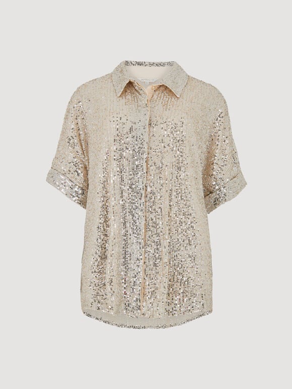 Sequin Embellished Relaxed Shirt, Stone, large
