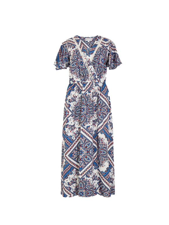 Midaxi-Kleid mit Schal-Print, Blau, Größe L