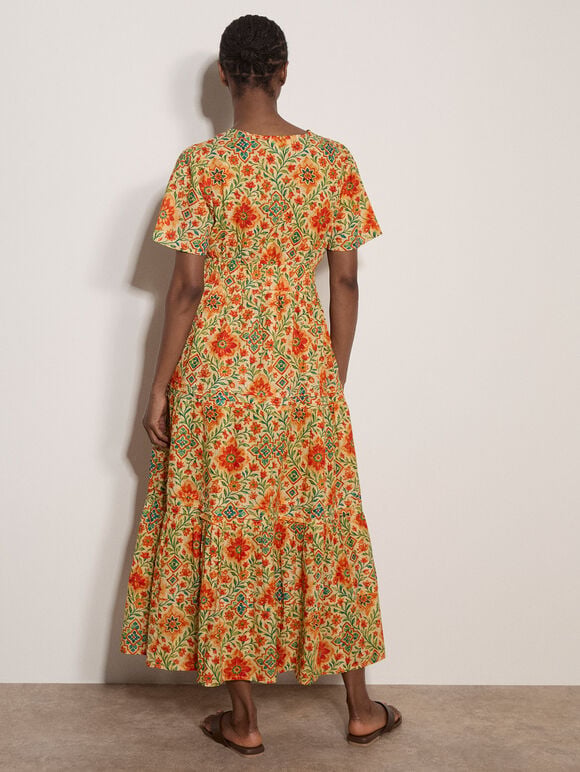Stain Glass Floral Tiered Midaxi Dress, Orange, large