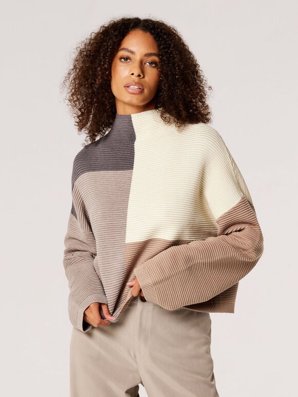 Colour Block Ribbed Mock Neck Jumper, Stone, large