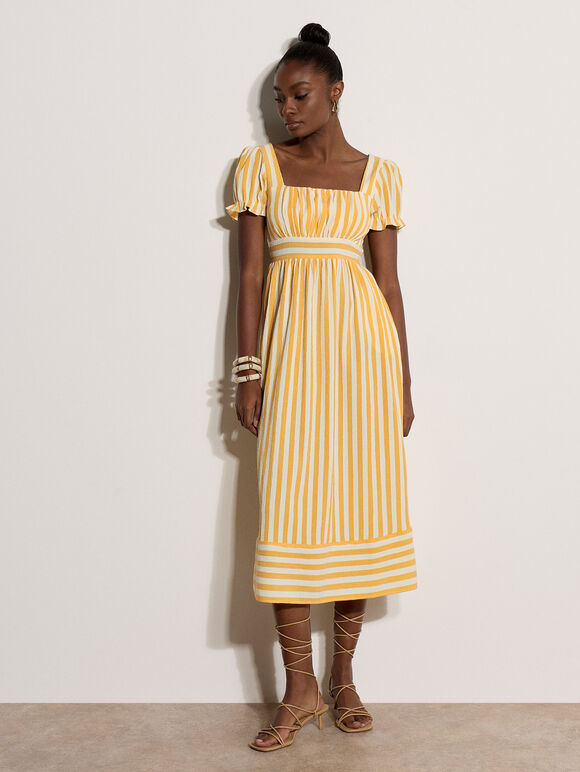 Stripe Milkmaid Midaxi Dress, Yellow, large