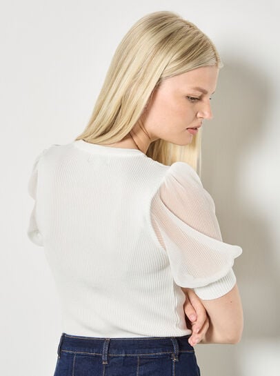 Plisse Sleeve Rib Knit Top